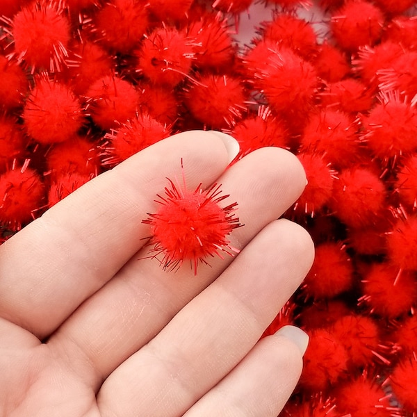 Fifty 15mm Red TINSEL Mochi Balls, Pom Poms, Approx. 50 Pieces for Crafts and Slimes
