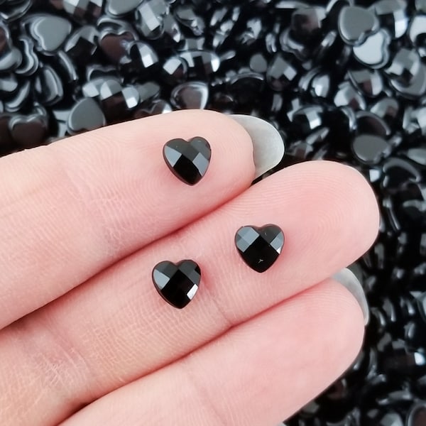 50 flat backed Faceted black 6mm heart cabochons, heart cab, valentines day cabochon #925