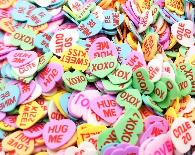 Small Conversation Heart Mix Polymer Clay Valentine Heart slices, Fimo Candy Heart Nail Art Slices, Miniature Heart, Pick Your Amount, V1