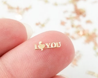 50 Tiny 9mm Gold Toned Metallic I love You Cabochons, Cute Kawaii Nail Word Cabs, Charm Resin Supplies, Resin add-on #1407