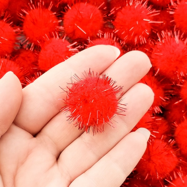 Twenty Fiver 25mm Red TINSEL Mochi Balls, Pom Poms, Approx. 25 Pieces for Crafts and Slimes