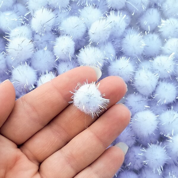 One Hundred 15mm White with Silver Tinsel Mochi Balls, Pom Poms, Approx. 100 Pieces for Crafts and Slimes