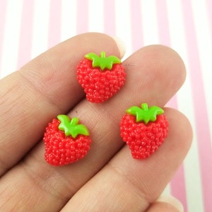 20 Small Resin Red Strawberry Cabochons, Kawaii Fruit Cabs, #216B