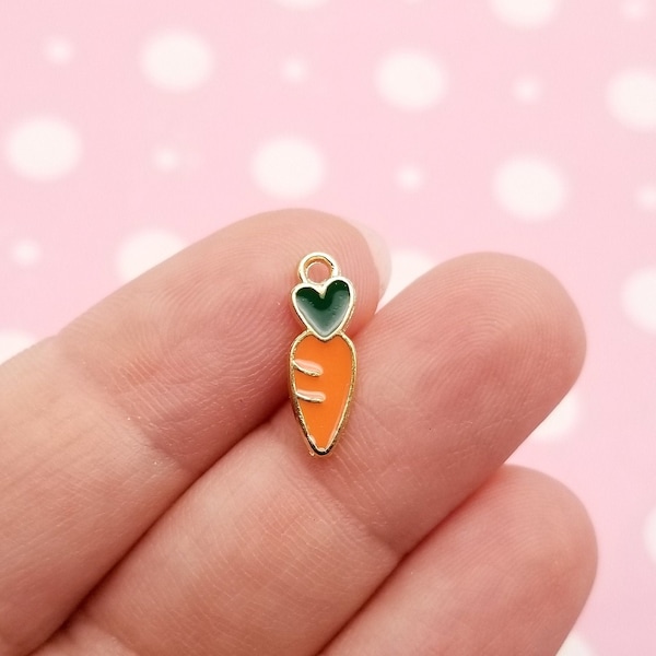 8 Gold Tone Enamel Carrot Charms, Enamel Charm Pendants, Easter Vegetable Charms, F520