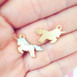 3 White and Pastel Blue 22mm Unicorn Charms, Gold Plated Enamel Pendants A138