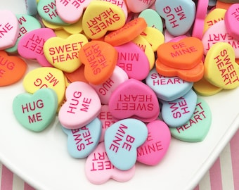 6 Multicolor Conversation Heart Resin Cabochons, Valentines Day Cabs, Heart Cabochons, Resin Embellishments, Nice Bin