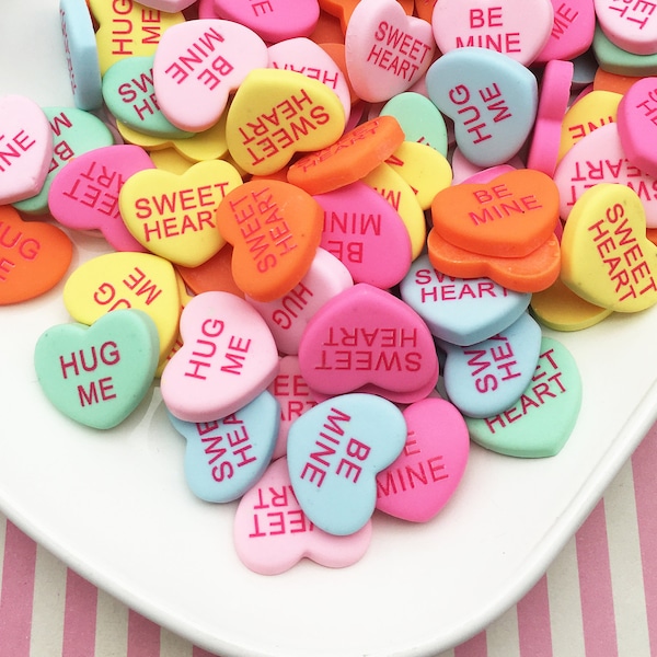 6 Multicolor Conversation Heart Resin Cabochons, Valentines Day Cabs, Heart Cabochons, Resin Embellishments #1097