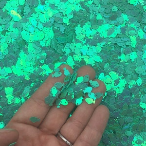Può includere: Una grande quantità di paillettes verdi iridescenti a forma di pesce. Le paillettes sono sparse su una superficie e una mano ne tiene alcune.