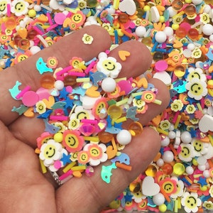90's NOTEBOOK Bright Non Edible Polymer Clay Fake Sprinkles with White Hearts, Dolphins, Stars Smiling Flowers Etc. K143