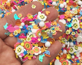 90's NOTEBOOK Bright Non Edible Polymer Clay Fake Sprinkles with White Hearts, Dolphins, Stars Smiling Flowers Etc. K143