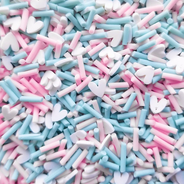 I HEART COTTON CANDY Mix Pastel Pink and Blue Sprinkles with White Hearts, Polymer Clay Fake Sprinkles, Valentines Day E216
