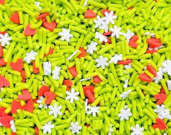 MEAN ONE Acid Green with Red Hearts and Snowflakes Sprinkle Mix, Polymer Clay Fake Sprinkles, Decoden Funfetti Jimmies V126