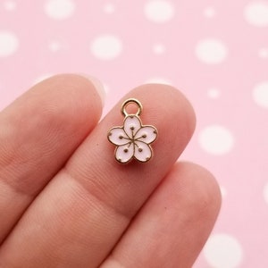 8 Small Baby Pink Enamel Cherry Blossom Sakura Flower Pendant Charms F510