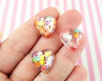 Ten 15mm Clear Heart Cabochons with Star Glitter, Valentines Day Resin Heart Cabochons, Heart Cabs #1187