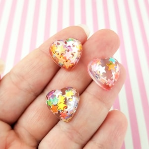 Ten 15mm Clear Heart Acrylic Plastic Cabochons with Star Glitter, Valentines Day Resin Heart Cabochons, Glue On Cell Phone Decoration 1187