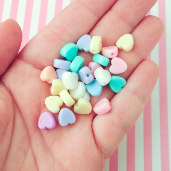 100 Flat-sided Multicolor Pastel Fairy Kei Heart Beads, 9x8mm Kawaii Cabs, J77