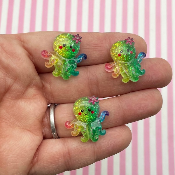 8 Rainbow Glittery Octopus Flat-back Squid Cabochons, Cute Kawaii Cabs, Glitter Ocean Octopi Cabochons, #1396a