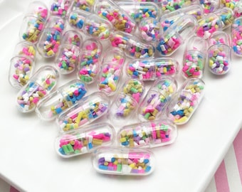 8 Sprinkle Filled Valentines Day Clear Pill Capsule Cabochons, Plastic capsule, Write Your Own Message Happy Pills, 1218