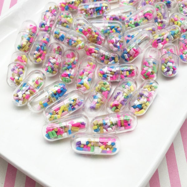 10 Sprinkle Filled Valentines Day Clear Pill Capsule Cabochons, Plastic capsule, Write Your Own Message Happy Pills, #999