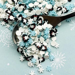 May include: A spoonful of colorful sprinkles featuring penguin, snowflake, and circle shapes. The sprinkles are black, white, and light blue, with a light blue background. The penguin sprinkles have red accents.