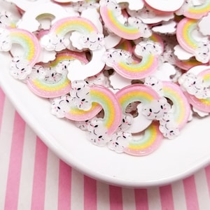 6 Glittery 28mm Pastel Flat Backed Acrylic Plastic Rainbow Cloud Cabochons, Flatbacked Glitter Resin Sweet Kawaii Cabs, #1194