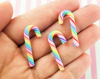 10 Polymer Clay Rainbow Candy Canes, Cute Swirl Fake Peppermint Charms, #235