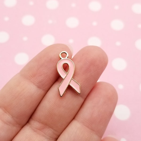 Ten Pink Breast Cancer awareness Pink  Ribbon Kawaii Enamel Charms, Gold Plated Ribbon Pendants F523