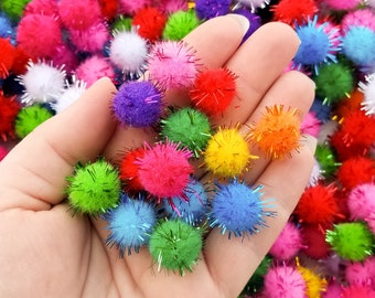 Fifty 15mm Rainbow TINSEL Mochi Balls, Pom Poms, Approx. 50 Pieces for Crafts and Slimes