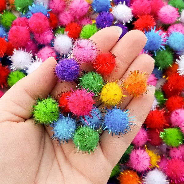 Fifty 15mm Rainbow TINSEL Mochi Balls, Pom Poms, Approx. 50 Pieces for Crafts and Slimes