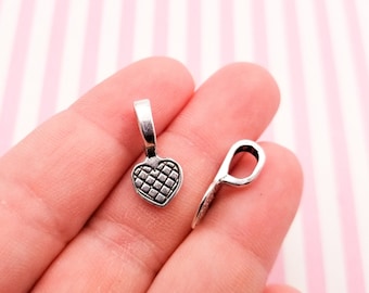 10 Silver Heart Pendant Bails, Glue On Flat Pad Jewelry Findings, Small 19x9x6mm b2