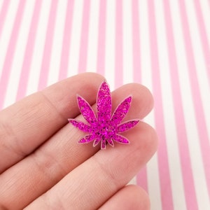 Three 25mm Magenta Purple Glitter Flatbacked Acrylic Plastic Pot Leaf Cabochon Charms, Flat Backed Resin Marijuana, Weed, Hemp, Cannabis L67