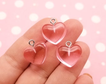 6 Translucent Pink Heart Charms, Hard Resin, Valentines day cabs, Kawaii Cabochons,  Cute Jelly Decoden Fruit heart Sweets Charms, #060A