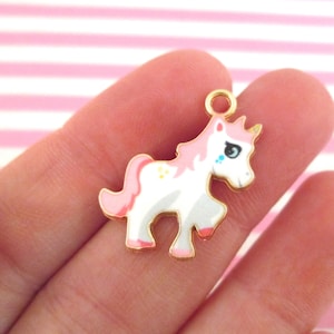 Two Pastel Pink Gold Enamel Unicorn Charm Pendants  #596