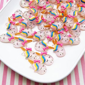 6 Glittery Flatbacked Pastel Resin Unicorn Cabochons, Unicorn Flat Backed Acrylic Plastic Kawaii Fantasy Cabs, #834