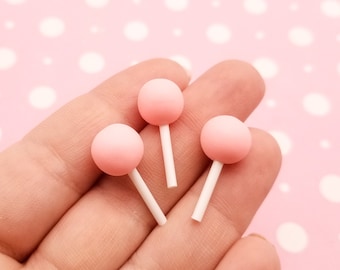 3 Pink Miniature Polymer Clay Lollipops, Lollypops, Kawaii Faux Candy, Sucker Cabochons, Sucker Cabs, Miniature Sweets #990