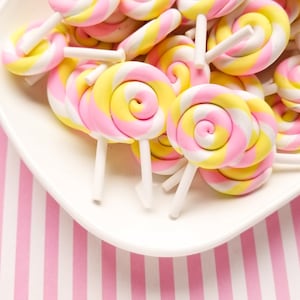 3 Pastel Pink Lemonade Polymer Clay Lollipop Cabochons Fake Candy, Miniature Suckers, Decoden Supplies, Flatbacked Lollypop Cabs 1583