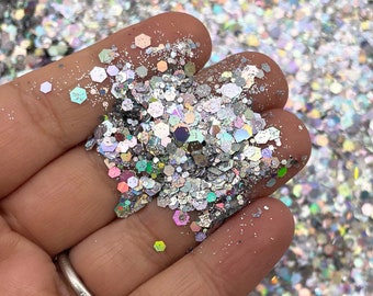 Silber Hologramm Pixie Dust Assorted Form Lösungsmittelbeständig Glitter, Wählen Sie Ihre Menge, Shaker Mix, Kawaii Glitter F623