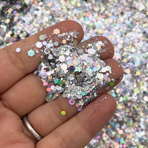 Silver Hologram Pixie Dust Assorted Shape Solvent Resistant Glitter, Pick Your Amount, Shaker Mix, Kawaii Glitter F623