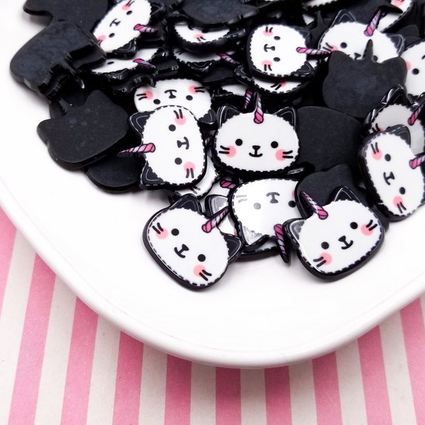 6 Flat-backed Unicorn Cat Caticorn Cabochons, Smiling Cat Unicorns, Kawaii Cabochons, #1198