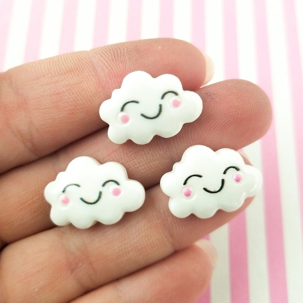 6 White Blushing Happy Cloud Cabochons, Sweet Kawaii Cabs #538B