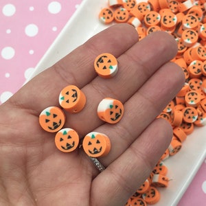 10 Round 10mm Pumpkin Jack O'Lantern  Polymer Clay Beads, Cute Halloween Beads For Decoden, #323