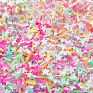 BEDAZZLED Mix White Stars with Pastels and Resin Diamonds, Polymer Clay Fake Sprinkles, Decoden Funfetti Jimmies K85