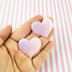 4 Big Flatbacked Pink Purple 36mm Pastel Gradient Glitter Heart Resin Cabochons, Cute Bling Flat Backed Glittery Acrylic Plastic Cabs #399