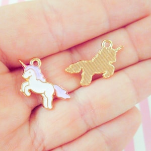 3 Pastel White and Purple 22mm Unicorn Charms, Gold Plated Enamel Pendants A357