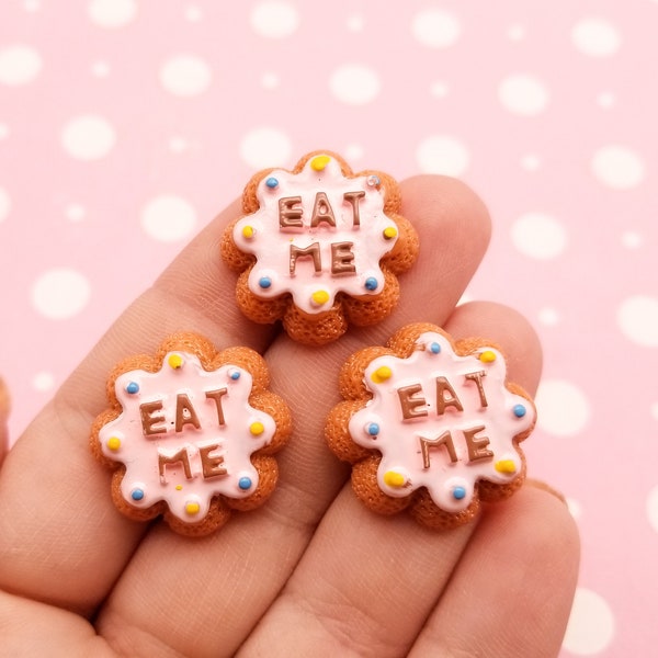 4 Eat Me Frosted Resin Cookie Cabochons, Alice in Wonderland Cookie Cabs, #372