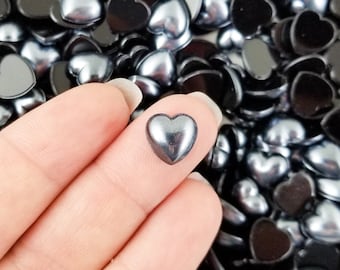 25 cabujones de corazón planos de plástico acrílico satinado gris plomo de 10 mm, cabujón de corazón plano de resina de 10 mm, cabujón del Día de San Valentín n.° 967