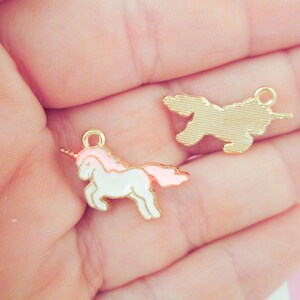 2 White and Pink Unicorn Charms, Gold Plated Enamel Pendants A356