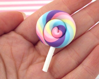 3 Pastel Polymer Clay Lollipop Cabochons Fake Candy, 1592a