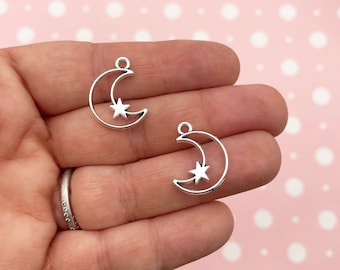 15 versilberte Halbmond-Stern-Charms, 18 mm Anhänger mit offener Lünette, Halbmond-Charms, Mondanhänger F163A