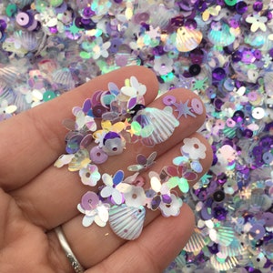 Confeti iridiscente con purpurina de sirena morada (elige la cantidad), mezcla para agitar confeti de concha, purpurina kawaii T198